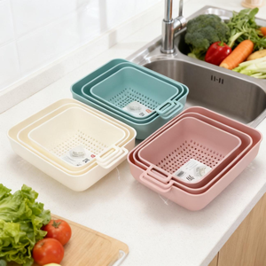 Conjunto de 3 Peças de Escorredor de Plástico Reutilizável e Ecológico para Colocar e Lavar Frutas e Vegetais, Utensílios de Cozinha - Product Image 1