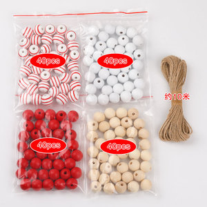 Wooden Beads Round <b>Red</b> White Striped Loose Beads For <b>Bracelet</b> Making XD150 - Product Image 4