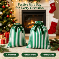 Sac à cordon brodé en gros, très grand, réutilisable, en toile rayée, pour cadeaux de Noël et protection anti-poussière