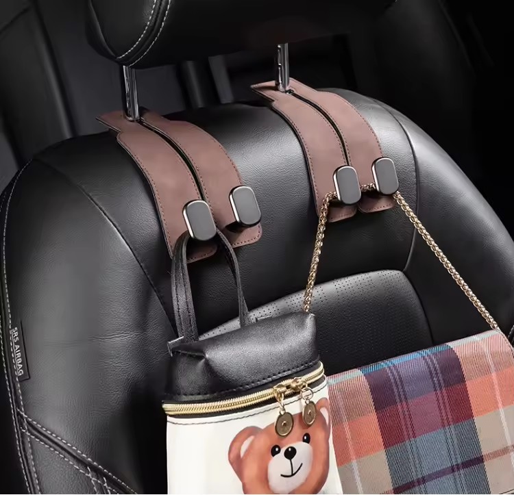 Grey 4-Pack Car Seat Back Hooks – Hidden Suede Leather with Metal Hooks for Storage and Phone Stand