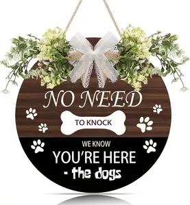 No Need to Knock Sign Quote for Front Door Dog Wooden Plaque Wall Decoration with Round Sign for Home Outdoor Living Room