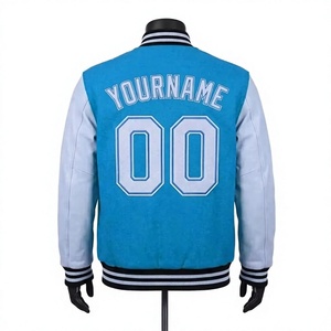 LONG MISSION INDUSTRY <b>Men's</b> <b>Winter</b> Turquoise White Solid Varsity Jacket Front Embroidered Logo Letterman <b>Coat</b> 100% Cotton/<b>Wool</b> - Product Image 2