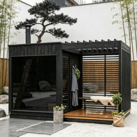 Nouvelle tendance : Sauna extérieur + terrasse + bain froid combinés avec du bois massif, couleur noire, SPA de jardin