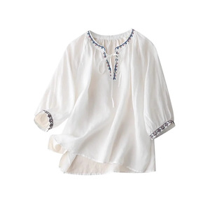 Women's Cotton Linen Embroidered V-<b>Neck</b> <b>Tie</b> Sleeve T-Shirt Loose Summer Top Breathable - Product Image 5