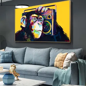 Pintura en lienzo de gran tamaño, póster de arte de pared, imagen de Animal moderno, lienzo de pared artística, mono escuchando música