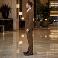 Jas Pria Cognac Brown Micro Check Double Breasted Peak Lapel Kancing Emas Jas Bisnis Formal Pesta Custom Made to Measure