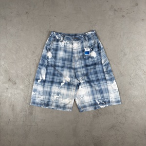 Vintage Slim Fit Distressed Plaid Print <b>Curved</b> <b>Hem</b> Knee Length Pants <b>Men</b> Casual Breathable Fabric OEM Service - Product Image 1