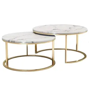 Modern Design Ceramic Glass Luxury Rose Gold Steel Base with Wheels Round Coffee Table Living Room Furniture