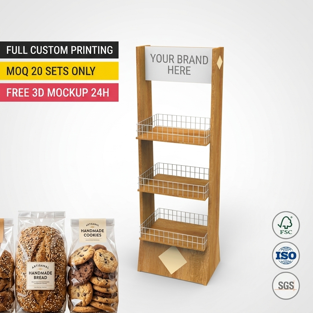 Custom Wooden Bakery Display Rack Floor Standing Bread Pastry Dessert Shelving Stand Gourmet Cookie Merchandiser Deli Fixture — view 1