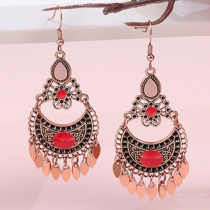 Fashion Dangle <b>Earrings</b> Alloy Zircon <b>Drop</b> <b>Earrings</b> Women's Party Jewelry Bohemian Ethnic Style <b>Red</b> Stone Bezel Setting - Product Image 2
