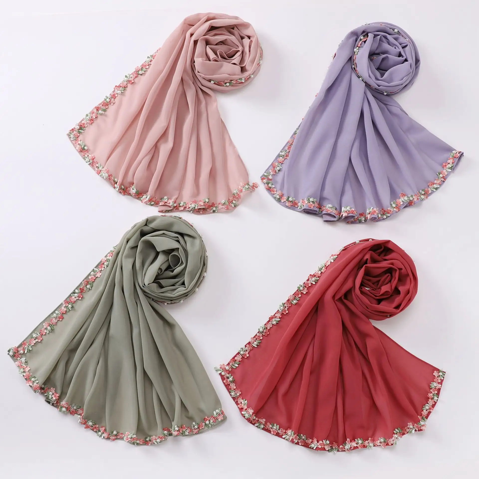 Solid Color Chiffon Hijab Scarf For Women Custom 90*90 CM Square Fashion Flower Beaded Scarf Hijab Shawls