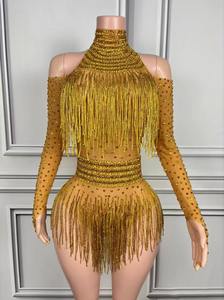 AD2430, monos para <span class=keywords><strong>mujer</strong></span>, monos sexis por encima de la rodilla, cuello de <span class=keywords><strong>tortuga</strong></span>, decoración de cristales, manga larga, traje de actuación brillante - Product Image 4