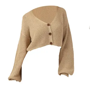 Suéteres de invierno de Jacquard personalizados para mujer, cárdigan de manga larga con cuello en V y botones, suéter de punto para mujer