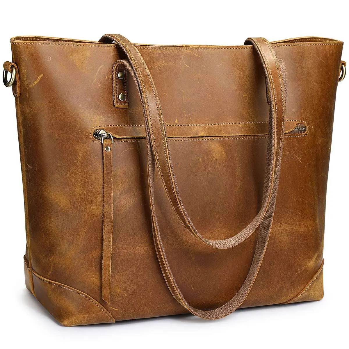 Totebag Vintage Genuine Leather Shoulder Bag for Women Work Tote Bag with Back Zipper Pocket Large Handbag Ladies Purse