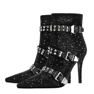 Full Diamonds Women Stiletto Thin Heels Short <b>Boots</b> Big Size 46 Belt Buckles Luxury Shoes Dress Wide Fit Ankle Booties - Product Image 6