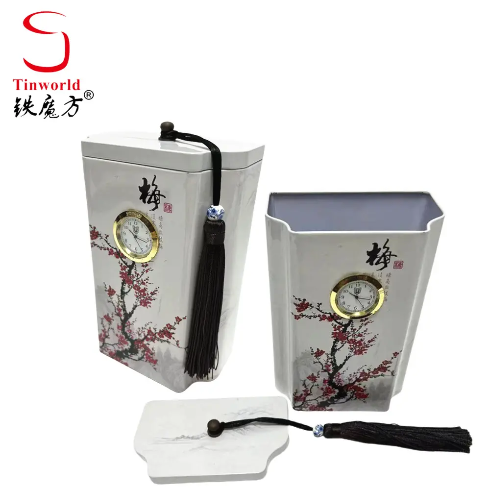 Factory Custom Tin Packaging Containers Clock Tin Can Food Grade Metal Tea Box With Tassel