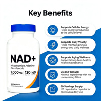 Capsules NAD+ 1000mg OEM, complément alimentaire pour soutenir l'énergie cellulaire, avec capsules végétales en hypromellose, 120 unités