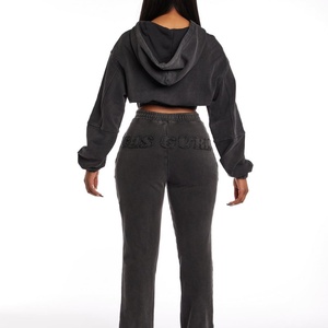 2024 ropa de calle de gran tamaño 100% algodón francés Terry desgastado bordado parche chándal Vintage lavado ácido conjunto de Sudadera con capucha para mujer - Product Image 4