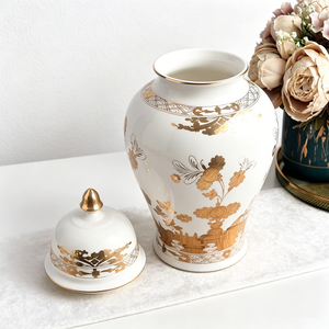 Golden Floral Ceramic Ginger <b>Jar</b> With Lid Luxury White Porcelain <b>Decorative</b> Vase For Home Decor Tabletop Ornament Storage <b>Jar</b> - Product Image 5