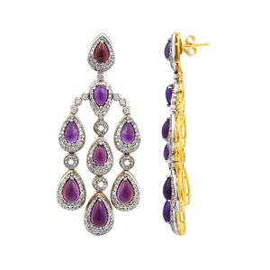 18K Gold & 925 <b>Silver</b> Vintage Art Deco <b>Dangle</b> <b>Earrings</b> with Pear-Shaped Amethyst & Diamonds for Wedding/Party/Gift - Product Image 1