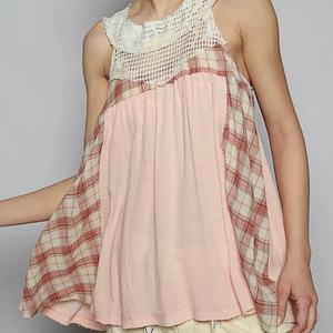 Blusa Bohemia de Rayón en Oferta, con Cuello de Encaje y Detalle de Panel a Cuadros, Top sin Mangas para Mujer - Product Image 2