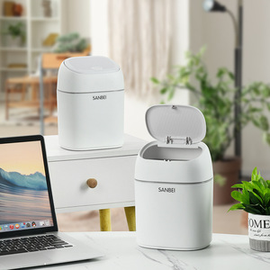 Sanbei Desktop Trash Can White Cylindrical Automatic Pop Up Lid <b>Office</b> <b>Home</b> <b>Desk</b> Waste Bin <b>Small</b> Indoor Use - Product Image 3