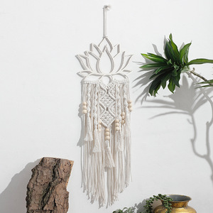 Tapiz de macramé bohemio hecho a mano, tejido a mano con cuerda de algodón y cuentas de loto azul <span class=keywords><strong>para</strong></span> decoración del hogar. - Product Image 5