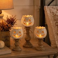 Lanterne à bougie sur piédestal, blanc vieilli, en forme de citrouille, pour décorations de table d'automne et d'Halloween