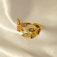 Anillo Abierto Ajustable de Acero Inoxidable con Diseño de Hoja Esmaltada y Baño de Oro de 18K, Joyería Moderna Unisex