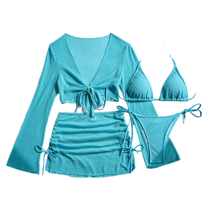 STOCK 9Colors Solid Handmade Washed Spandex/Nylon Brazilian Triangle <strong>Top</strong> Women 4-Piece Bikini Set Long Sleeve Crop <strong>Top</strong> <strong>Fishnet</strong> - Product Image 1