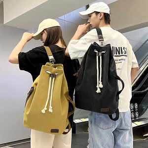 <b>Drawstring</b> <b>Backpack</b> Canvas Unisex Large Capacity Sports Travel Bag Detachable Strap Solid Color Khaki Black Light Gray - Product Image 1