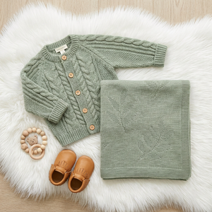 Ensemble de vêtements pour bébé en gros : Cardigan en tricot épais de qualité supérieure avec boutons en bois, couverture d'emmaillotage neutre, vêtements d'automne et d'hiver, <span class=keywords><strong>layette</strong></span> - Product Image 1