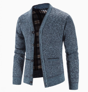 <b>Men's</b> Knit <b>Cardigan</b> Sweater V Neck Button Front Plaid Lined <b>Long</b> Sleeve Fall Winter Outerwear - Product Image 5