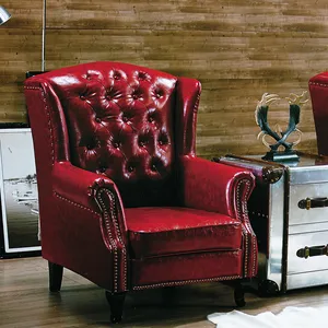 เก้าอี้ปีกเก้าอี้เชสเตอร์ฟิลด์สุดหรู,เก้าอี้หนังแท้สีแดงไวน์จากร้าน Top Grain หรูหรา