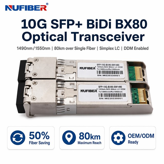SFP+ 10G BIDI BX80 80km 1270/1330nm Simplex LC SMF DDM Transceiver Module Long Transmission Distance for FTTX Network