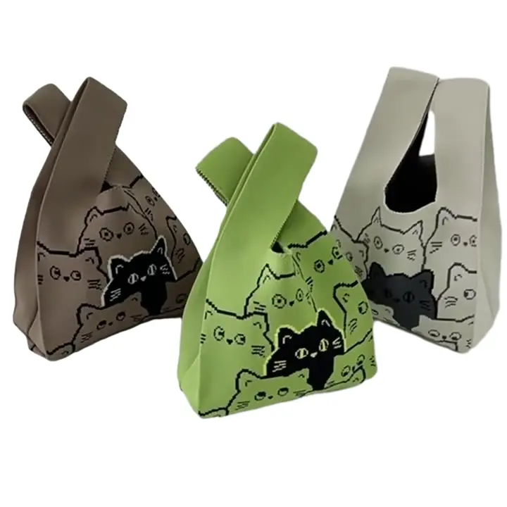 싸구려 재사용 가능한 캐주얼 뜨개질 크로 셰 뜨개질 가방 수제 가방 디자인 고양이 기하학적 줄무늬 격자 무늬 꽃 핸드백 니트 토트 가방 선물