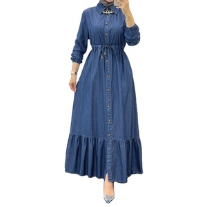 Đồng Bằng Màu Xanh Ánh Sáng Màu Xanh Màu Phía Trước Nút Đóng Cửa Dây Kéo Eo khiêm tốn Hồi Giáo Denim Ăn Mặc - Product Image 1