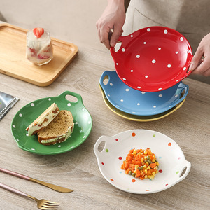 Assiette en céramique à pois créative pour cuire le riz, usage domestique, jolie assiette à dessert et à salade, assiette creuse avec poignées, petit-déjeuner - Product Image 1