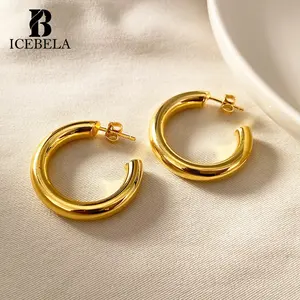 Wholesale Custom High Quality Solid Glossy Women C Shaped 18K Gold Plated S925 Sterling Silver CC Hoop Stud Earrings For Girls