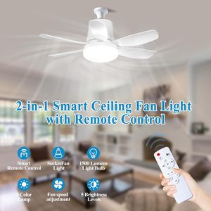 Ventilateur de plafond LED moderne avec télécommande, éclairage intelligent pour maison connectée, ampoule E27 silencieuse à tête mobile, rotation à 360° - Product Image 2