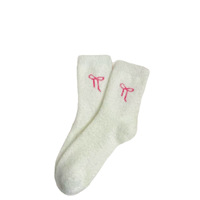 Herbst Winter Damen Nerz-Velours Antibakterielle Schleife Plüsch Crew-Socken mit Bündchen-Logo Niedliche Süße Warme Haus-Schlafsocken