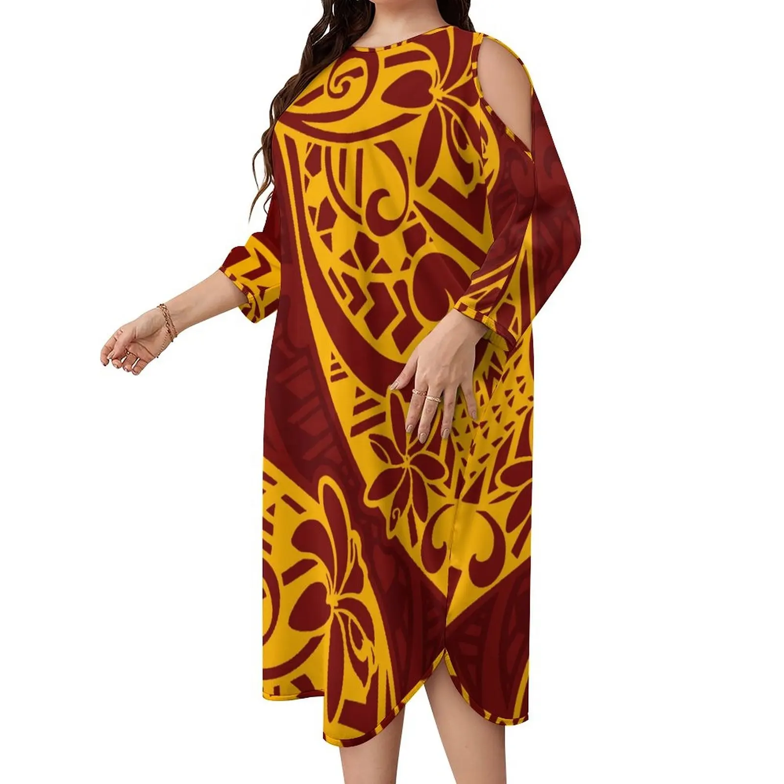 custom on demand plus size polynesian dresses women fall casual clothing red gold Tiare floral print samoan design tribal dress