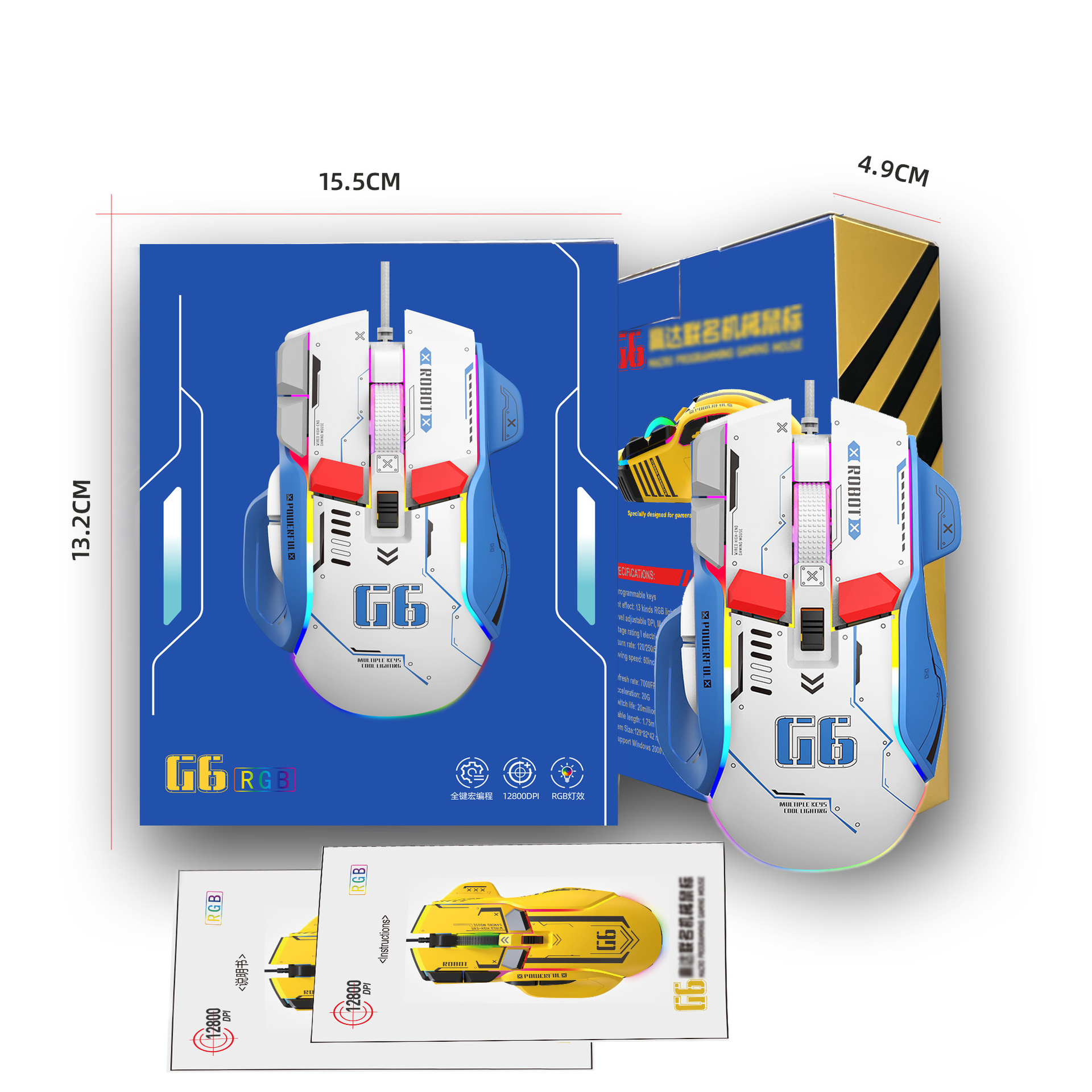 Souris de jeu blanche méca G6-12800 dpi