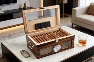 Boîte à cigares <span class=keywords><strong>électronique</strong></span> en bois de cèdre avec couvercle en verre et humidificateur, boîtes à cigares portables personnalisées en gros - Product Image 3