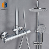 Ensemble de douche mural thermostatique 2 voies en laiton chromé brossé - Support de douchette réglable avec 3 jets et pommeau de douche ovale effet pluie