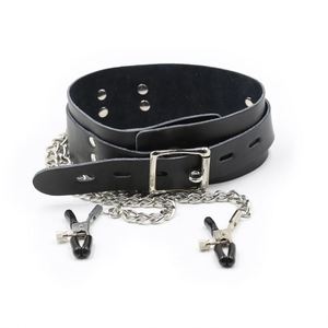 ปลอกคอพันธนาการ BDSM หนังวัวแท้พร้อมคลิปหนีบหัวนมโซ่สำหรับคู่รักผู้ใหญ่อุปกรณ์พันธนาการเซ็กซ์ทอย - Product Image 1