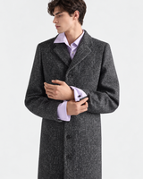 Manteau long sur mesure pour homme, OEM ODM, étiquette privée, mélange de laine texturée, boutons sur le devant, étiquette personnalisée pour les marques de mode