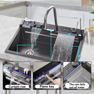 Smart Household Kitchen <strong>Sink</strong> LED Waterfall Multifunction Handmade Square Bowl 304/201 Stainless Steel <strong>Copper</strong> Valve Core Faucet - Product Image 2