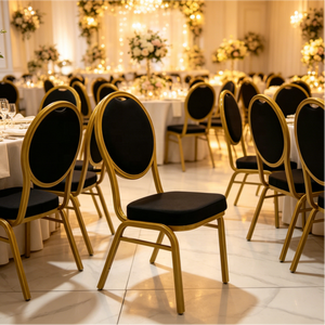 Chaise <span class=keywords><strong>de</strong></span> banquet empilable <span class=keywords><strong>de</strong></span> haute qualité, fabrication chinoise, cadre doré, tissu noir, vente en gros pour événements et <span class=keywords><strong>location</strong></span> - Product Image 1