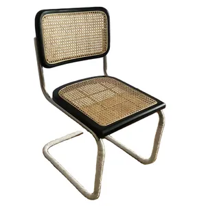 Vintage stainless steel frame black solid wood rattan cane armless lounge chair dining chair for sale living room furniture